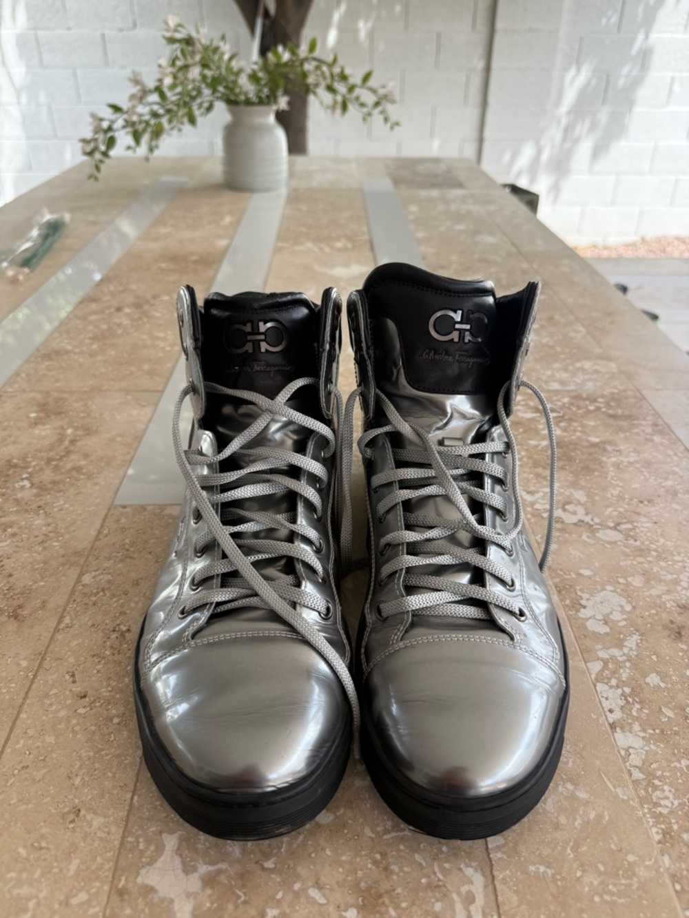 Salvatore Ferragamo Men's Metallic Silver High-Top Sneakers